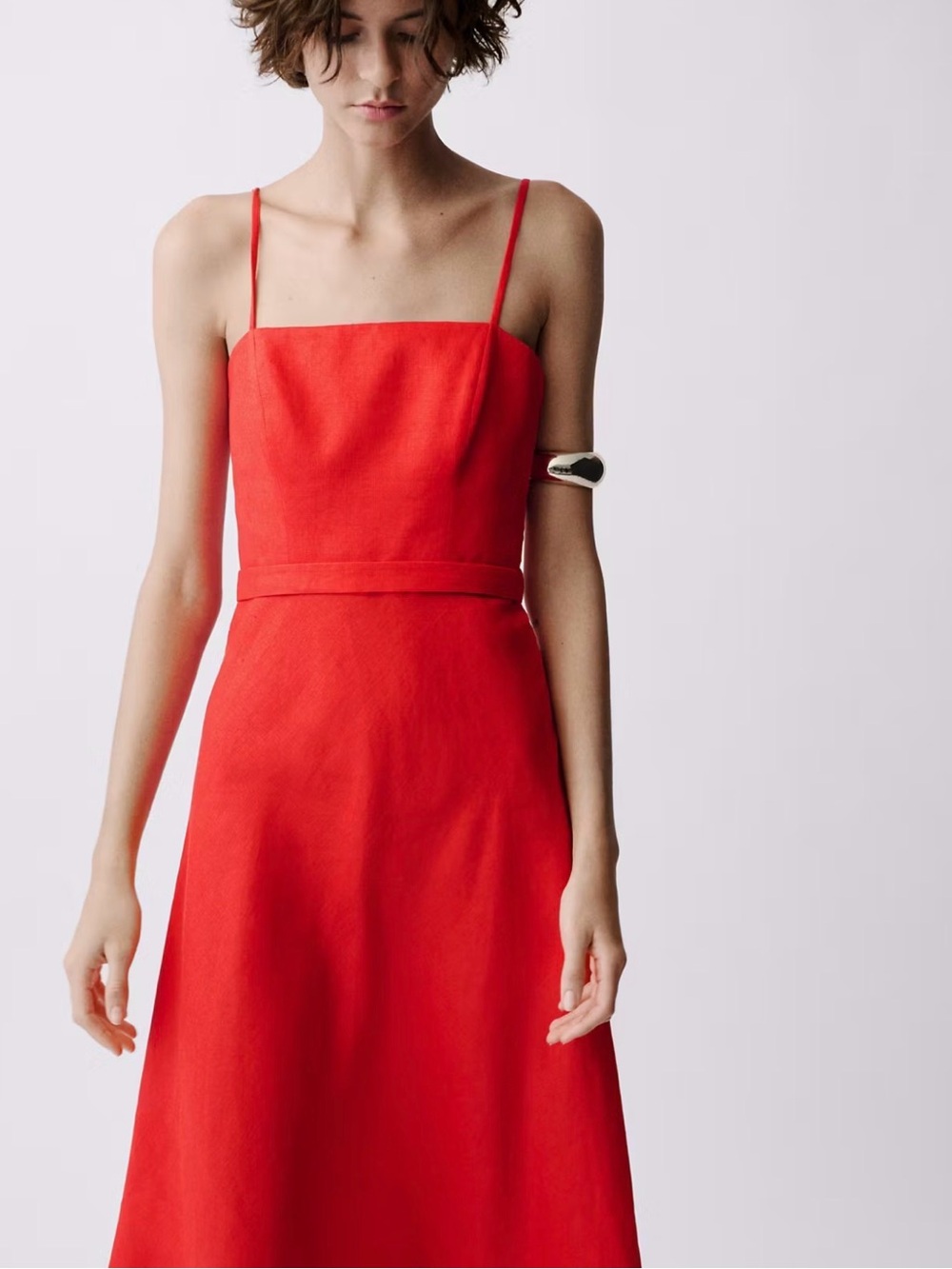Red Mango tie waist linen, square-neck linen dress